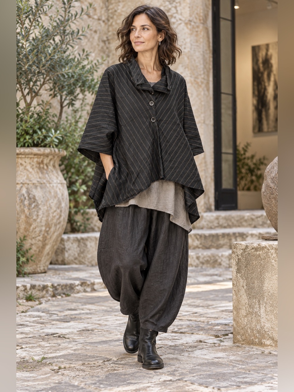 Ozai N Ku Alembika Black Stripe Asymmetric Top Lagenlook Flowy High Neck Small